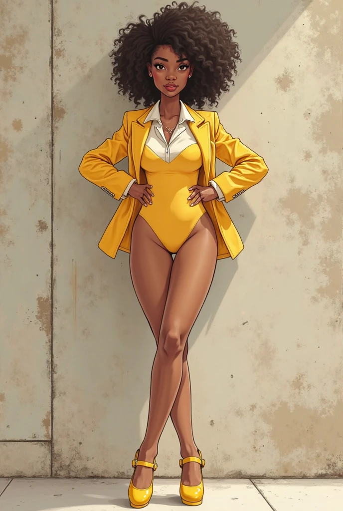 (full body:1;4), Beautiful 19 yo African woman. Fit, tall, perfect ass, shapely toned legs. Long braided hair. Friendly smile. yellow dress, open toe heels.