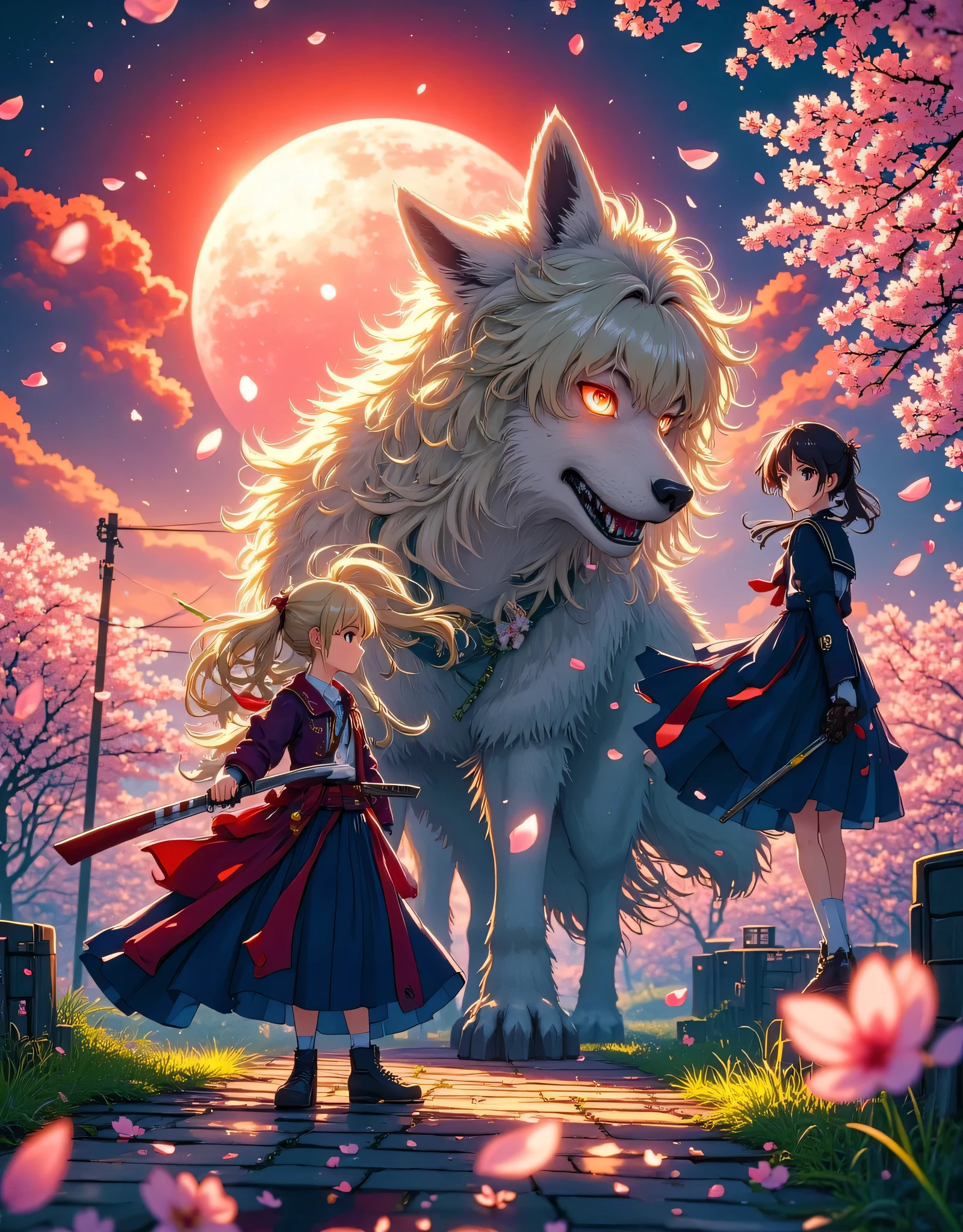 1 girl, standing, side by side, enormous wolf, view from bottom, katana, (best quality,4k,8k,highres,masterpiece:1.2),ultra-detailed,(realistic,photorealistic,photo-realistic:1.37),beautiful detailed eyes,beautiful detailed lips,extremely detailed eyes and face,long eyelashes,intricate detailed costume,dramatic lighting,cinematic composition,dark fantasy,hyper detailed,moody atmosphere,dramatic shadows,muted color palette,a fantasy girl sitting under a red blood moon with cherry blossom petals floating around her, long flowing hair, highly detailed, intricate, award winning, 8k, photorealistic, cinematic lighting, dramatic colors, vibrant, mystical, ethereal, anime style, Makoto shinkai,((anime movie:1.3)),