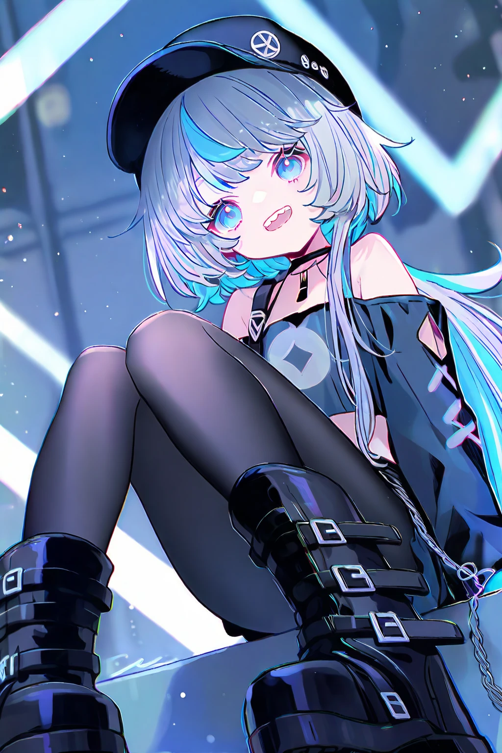 (Masterpiece, Top Quality, Best Quality, Official Art, Beauty and Aesthetics: 1.2), (Flat Color: 1.3), Very Detailed, Detailed Face and Eyes, Cinematic Light, SFW, Anime, Depth of Field, 1 Girl, Solo, Official, White Hair, Elf Ears, Short Hair, Blue Eyes, Black Eye Shadow, Medium Tits, White Beret, White Trenchcoat, Military, SS Officer, Buttoned Up, Nervous, Sitting, Submissive 