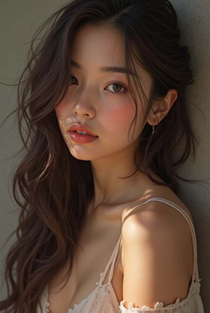 Teenager woman with long curly afro-type hair but looser in brown color, short brown eyes 