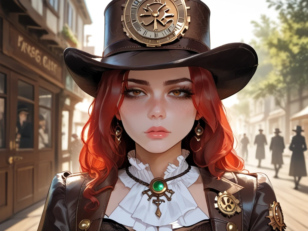 steampunk, 1girl, sardas, cientista, mesa de trabalho, inventions, mapas, ruiva, high detail, masterpiece, 4k