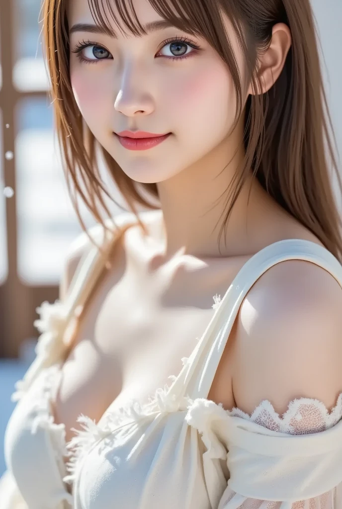 1 Female, Updo, (Ultra Realistic, High resolution), (Highly detailed eyes, Highly detailed hair, Highly detailed face, Highly detailed plump lips), (off shoulder with open chest), chest, Upper Body, Looking for a Smile, (Highest quality:1.4), RAW Photos, (Realistic, photo-Realistic:1.37), Professional photography, Cinematic Light, (Beautiful Face: 1.2),(((White lace bra 1.5)))、High leg、Mid-shot photo 1.4、(((小さいchest1.5)))、(Slender body type 1.2)、Bedroom