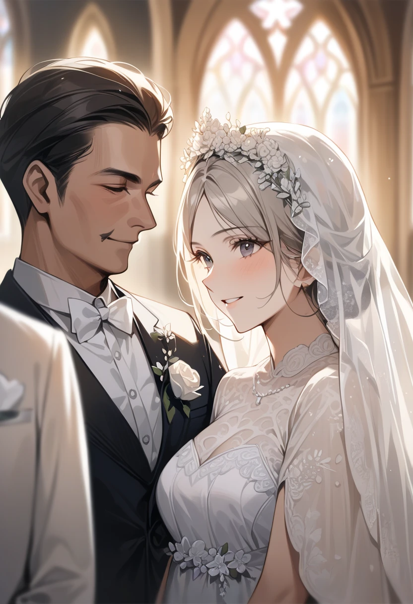 masterpiece , modern, Verism, masterpiece, super detail, best quality, 4K ,(head shot), Male and female couple standing side by side,a woman,Wedding dress, a man ,tuxedo,church,wedding,Happy atmosphere