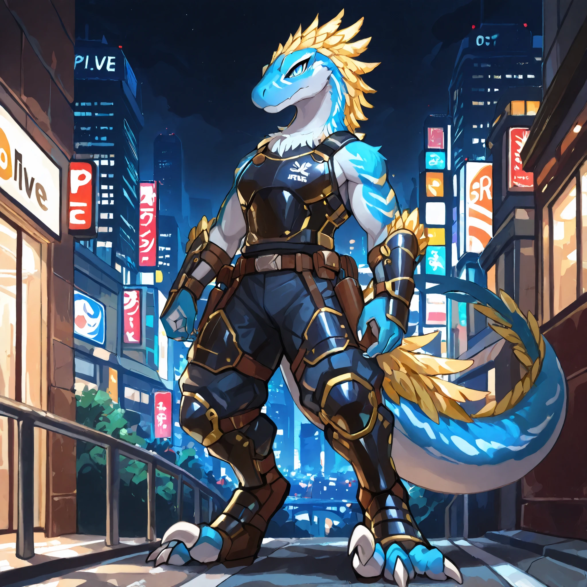 masterpiece, best quality, anime style, anime shading, full body picture, strong body type, buff body, centered, three-quarters view, by plive, 1boy, anthro raptor, (sickle claws), male raptor, feathered dinosaur, silver scales, gold feathers, blue eyes, perfect eyes, white claws, wearing blue body armor, standing in a city street, at night, bare shoulders, (blue raptor snout), dual holsters
