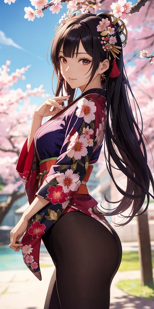1girl, alone, (masterpiece), best quality, expressive eyes, perfect face, mizuki, small breasts, flat chest, dark skin, very long hair, ((brown hair)), hair between eyes, pink eyes, hair rings, looking at viewer, smiling, in the park ,Yukikaze Mizuki, full body, mini kimono, opening the kimono and showing the body, in city