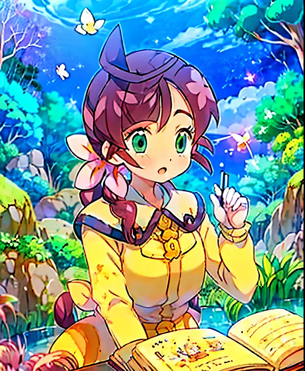 ( masterpiece、 best quality、 best quality、、 beautiful beautiful :1.2) Hatsune Miku、light green twin tails, beautiful breasts,storybook pages, watercolor illustrations, young characters by Hayashi Akiko, Cute Style, Japanese text at the top, handwritten font , soft pastel colors, Exquisite composition, break, wearing a cute hooded cloak, walking through a magical forest with glowing fireflies flying around, vintage picture book-like illustration, Soft Shading, charming and magical atmosphere by Hayashi Akiko, like innocence , 子供のPicture book style, soft watercolor illustrations, fine brushwork, pastel color palette, Beatrix Potter , by Hayashi Akiko, storybook cover style, charming and innocent atmosphere, perspective from a high eye level、Picture book style