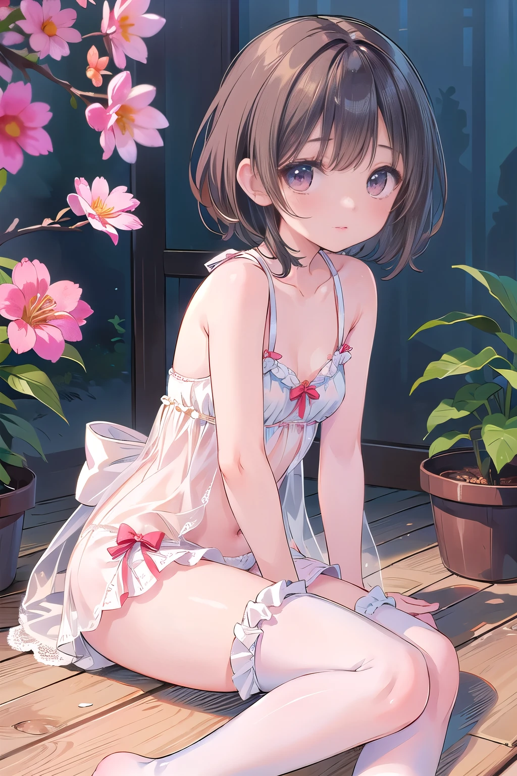 (masterpiece), Princess,Princess,black hair,Slut,small breasts,pink lace underwear, Natural light, realistic, diffused light, look up from below,vapor, (lift skirt), (urination), Pigtails,lace stock wang,Luxury Long Dress,embarrassing red face,tiara.panniers,in front of the flower bed in the garden
