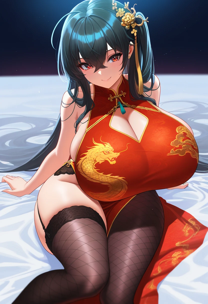 独奏　qipao dress　Blue cheongsam　boots　Black boots　thigh high boots　Deep slit　poneyTail　A dark-haired　huge tit　sleeveless　Party Makeup --auto