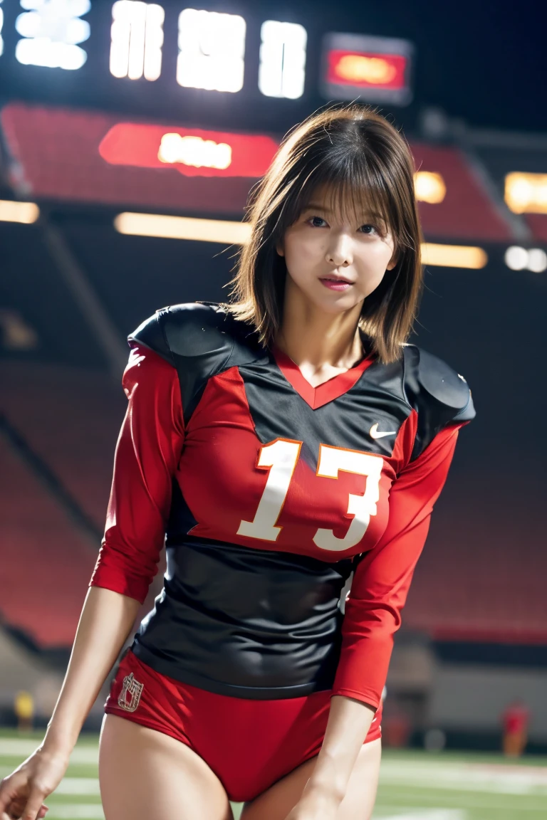 American football player woman from the front of college football、Watanabe Risa、American Football Jerseys、 red uniform 、long sleeve shirt、football armor、American football income、Dark Theme、American football stadium、 full stadium 、from front、big breasts with 90cm bust、Impressive big breasts、Well-groomed breasts 、tall、musculoskeletal protuberance々A slim figure、bewitching atmosphere、provocative、Challenging、cool expression、TOP STARS 、Sense of luxury、High Quality、high precision、8K、masterpiece、textured skin、full body