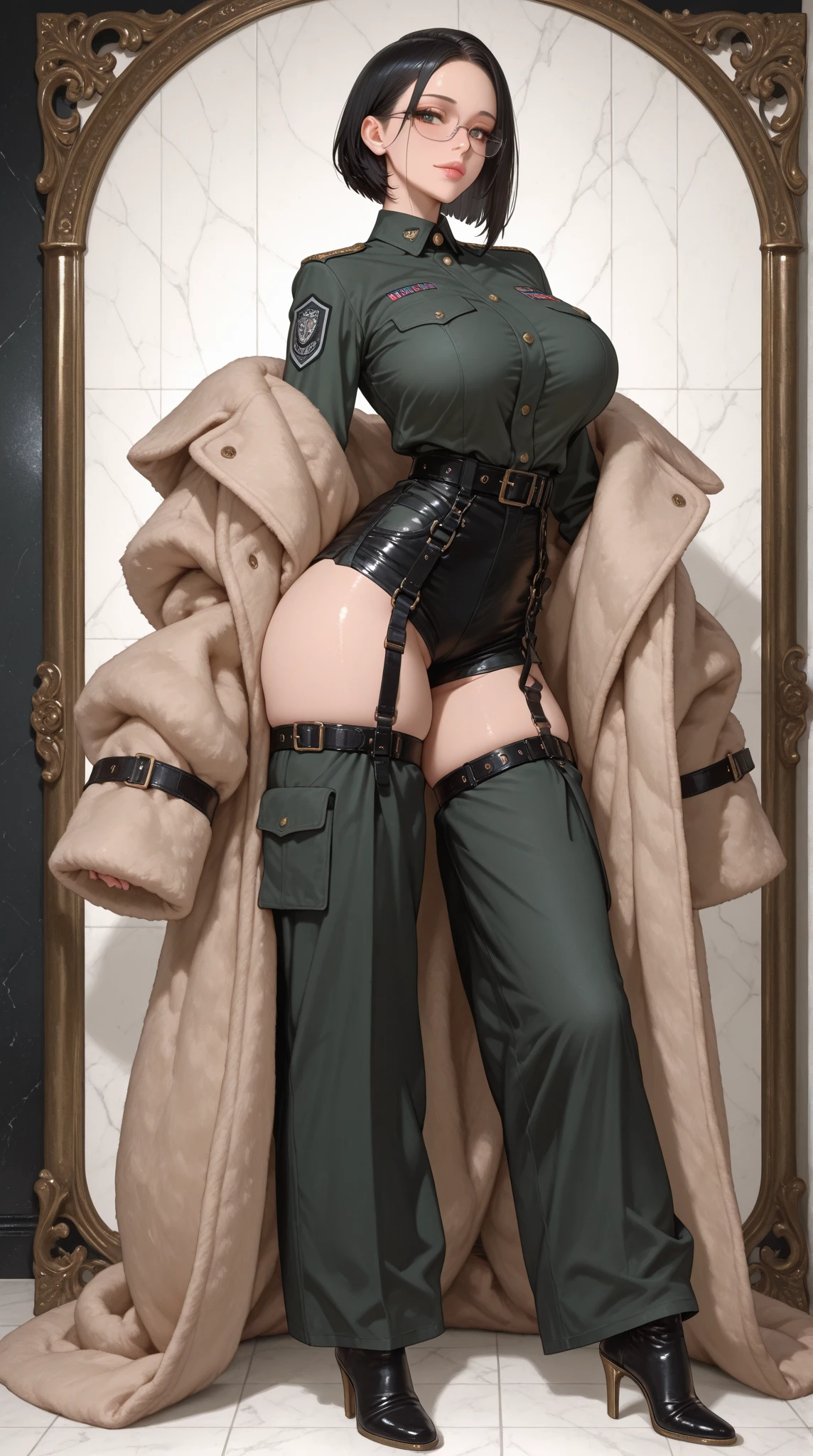 physically-based rendering, 1girl, Female soldier, (huge fake breasts:1.2), (street city), sexy muscular body, slim waist, big buttocks, (Full body:1.3), walking, skintight army skirt, (military uniform:1.3).