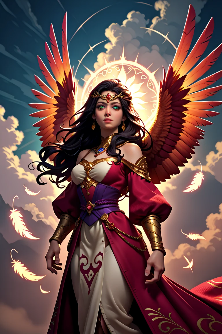 Una mujer con un vestido con alas y una corona en la cabeza, con ardientes alas doradas de llamas, con ardientes alas doradas, full - body majestic angel, aparece como la diosa del fuego, fantasy art behance, Diosa de la ira, beautiful female angel, tall female angel, Diosa del Fuego, beautiful angel, Ganador del concurso CGSOCIETY!!!, Ganador del concurso CGSOCIETY!!