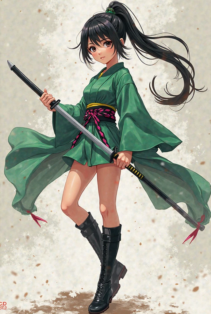 Nel bleach, high quality, high resolution, detail full body, detail eye, detail hair, detail tits, realistics, realistics girl, 1girl, holding a sword, green t-shirt, torn t-shirt, green skirt, torn skirt, stand, flawless skin, big tits, serious expression, long hair, green hair, hair blown by the wind, sexy body, asian skin, cute face, beautiful face, skull head on woman's head