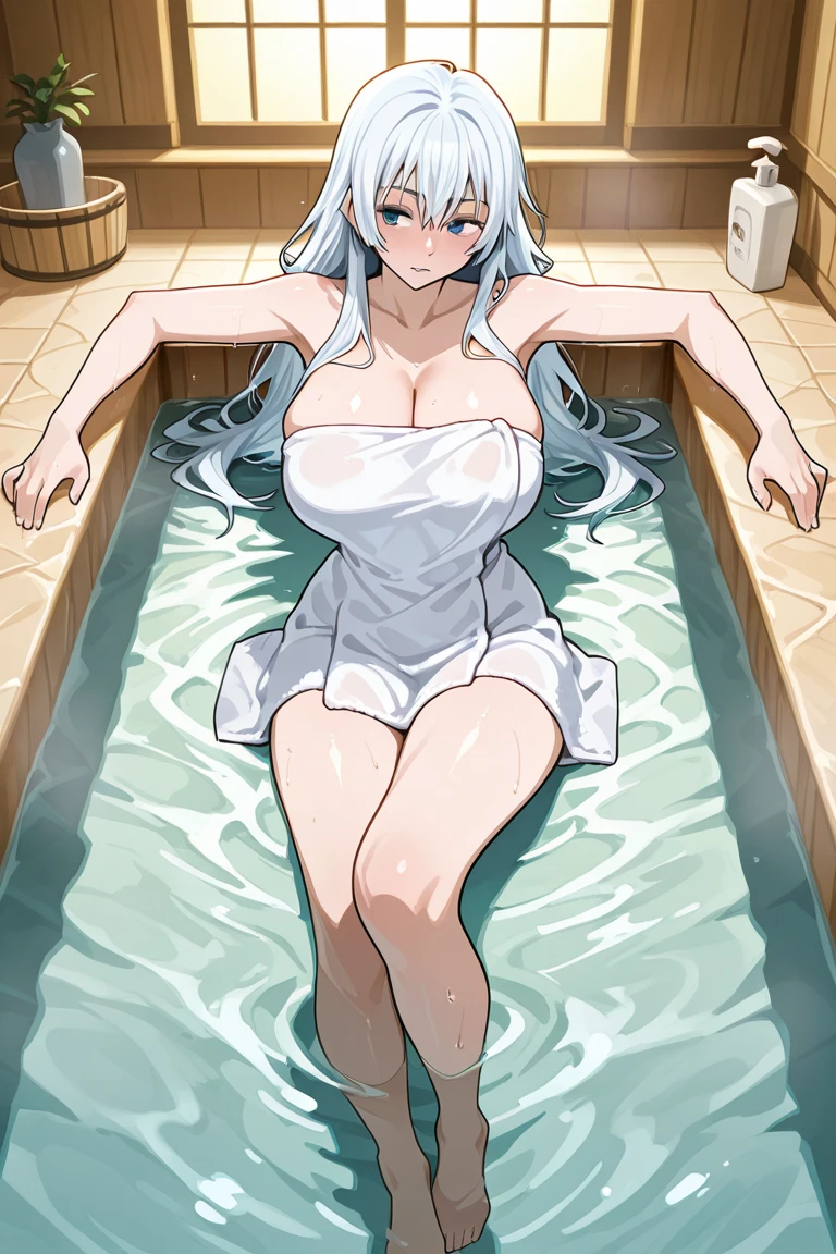 Irisviel,black sheer dress sleeveless,solo,looking at viewer,beautiful smile,arm at side,middle size of breast,beautiful necklace,in beautiful bathroom,wet dress,water water with flowers,big bathtub with decorations,Sexual atmosphere
