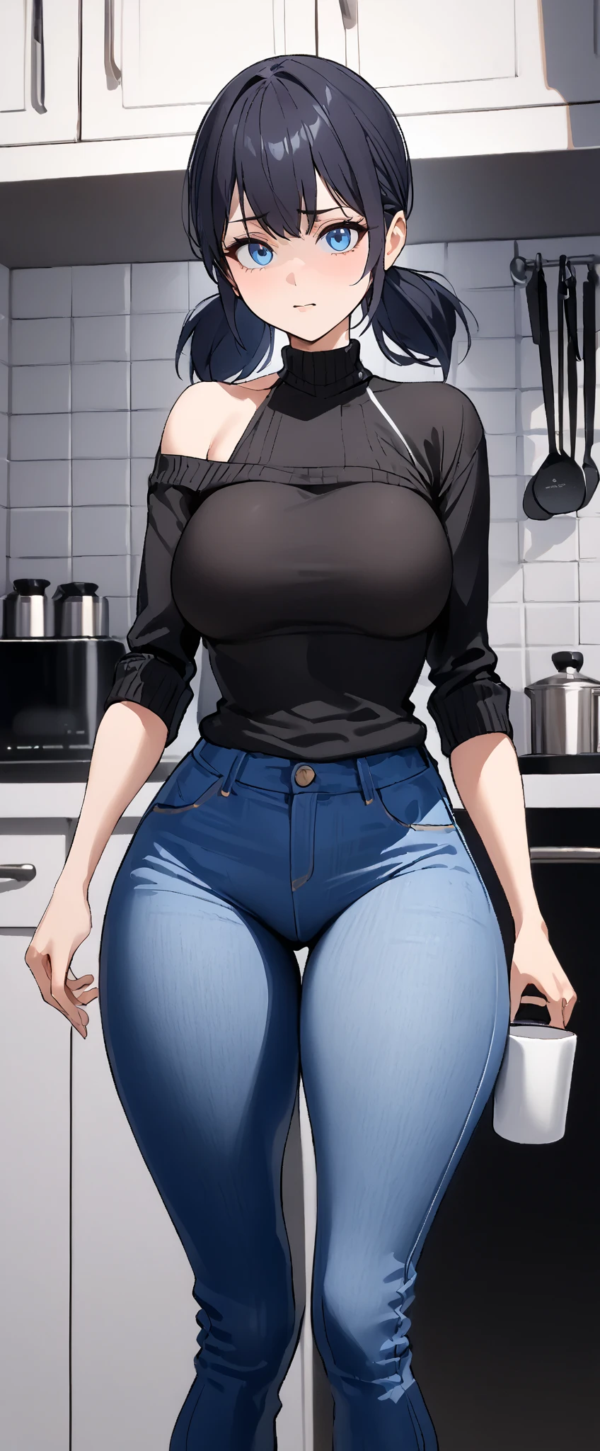 Generate an image that depicts the scene where Ana, the woman with an athletic build, short black hair, blue eyes, wearing a white shirt and blue jeans, suddenly had an idea. She rushed to the kitchen and grabbed a knife. Ana is now standing, facing the tall, dark figure at the cabin door. The cabin's interior should maintain a dark and eerie style, with old and rustic furnishings. Ana holds the knife with determination, ready to confront the figure. Ensure that the image conveys the tension and Ana's readiness for the confrontation