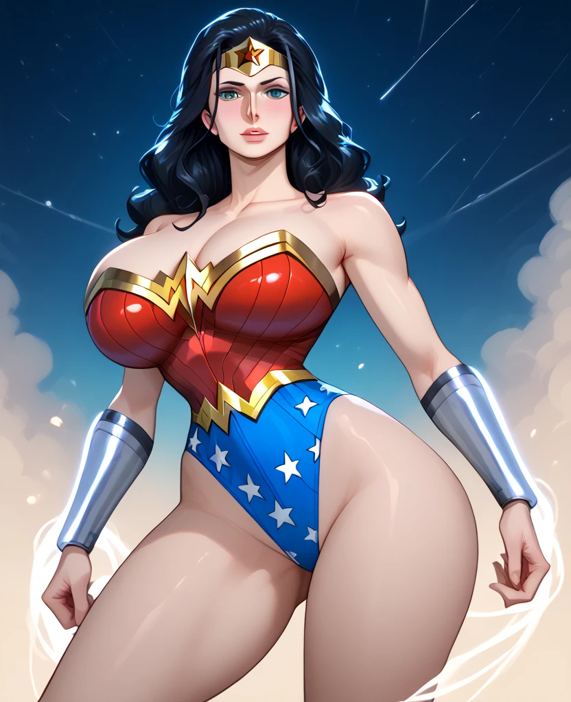 Beautiful girl, hot girl, detailed face, detailed eyes, detailed hair, detailed body, hanging boobs, change background, 8k, realistic, ultra realistic, visible panties, visible swimsuit, ((she is sweating)), Wonder woman, big nipples