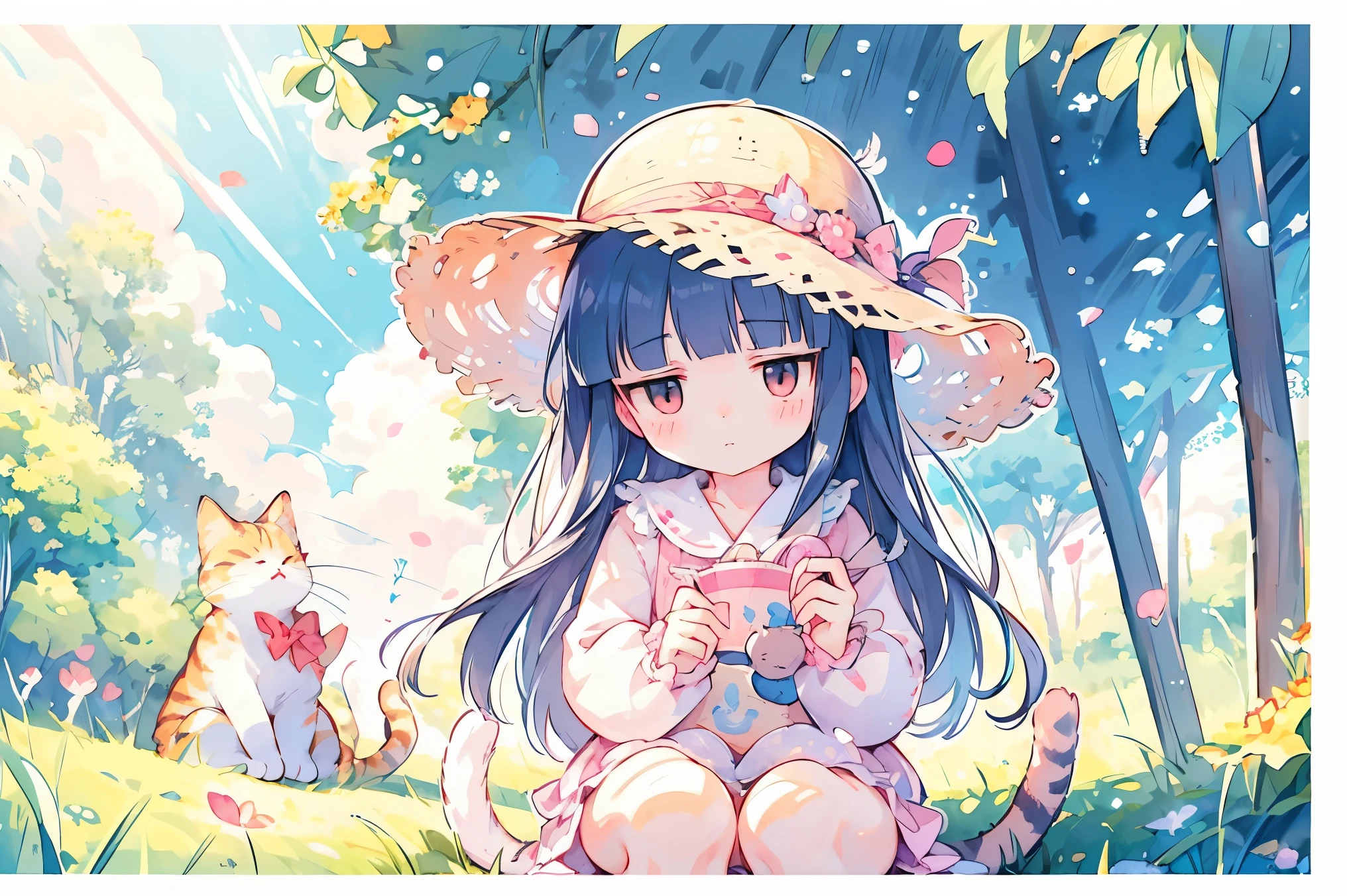 Picture book touch、Illusory World Drawn、Watercolor Smudges、thick outline、watercolor、catと戯れる少女、sunshine、Straw Hat、cat、 Compa、Playing Under One Big Tree