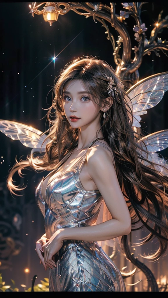 (Sun, moon and stars，night sky)，(​Masterpiece、top quality、top quality、official art、Exquisite and beautiful:1.2, 1 girl(Hinata hyuga)，Current Ions，aurora，Very detailed、(fractal art:1.3)、Colorful、most detailed, big breasts, (Posture in motion:1.4)、Beautiful and delicate face with details、Beautiful and delicate eyes with details、Very fine eye definition, (symmetrical eyes:1.3),((natural smile)),Floral fragrance,feather, Looking at viewer, 