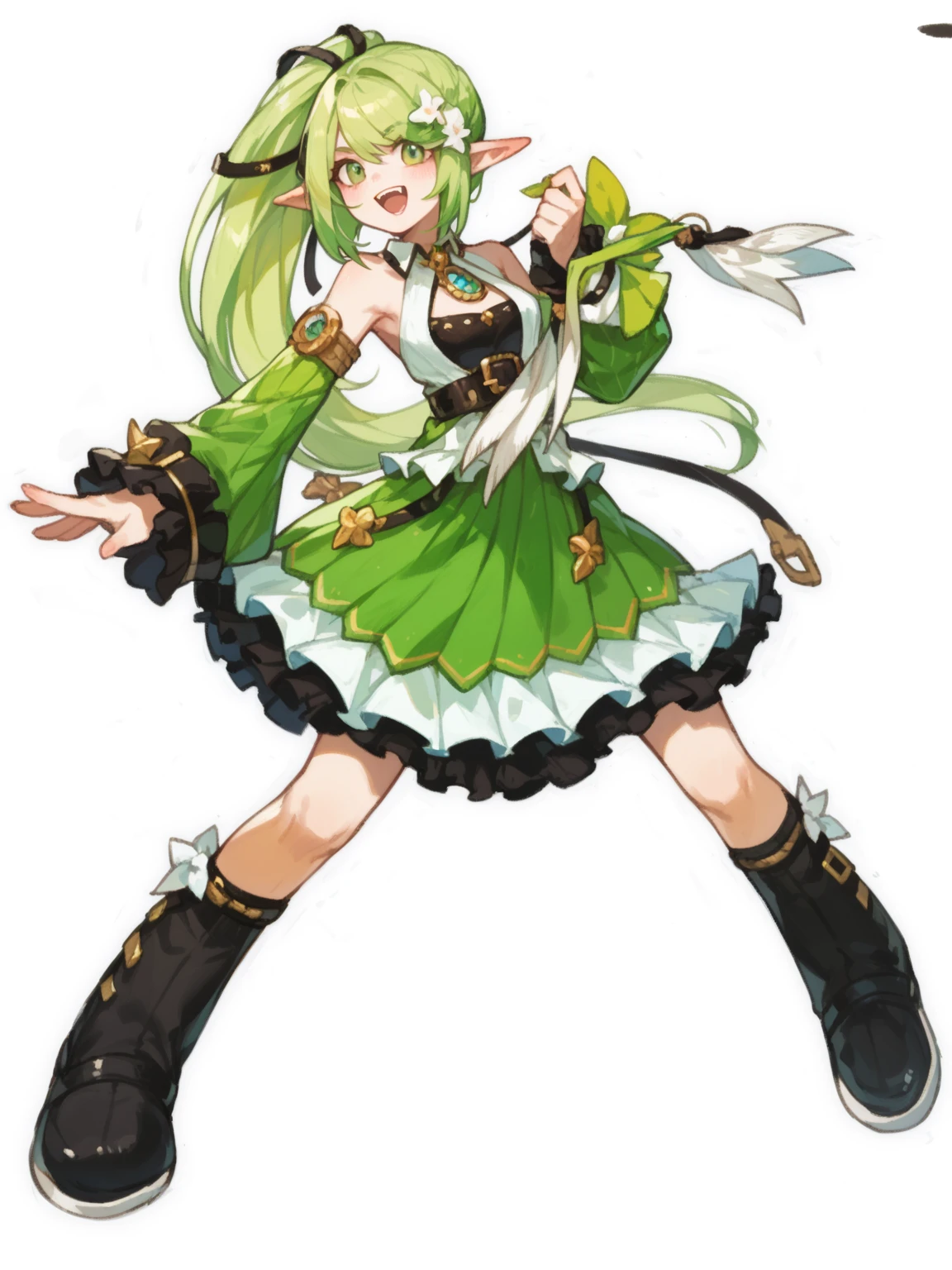 (masterpiece, best quality),1girl with long blond hair, cat ears, furry long cat tail, blue eyes, fighting pose, green bodice of the dress, white cuffs, green sleeves apart, yellow collar, green mini skirt, hight white boots, magic power