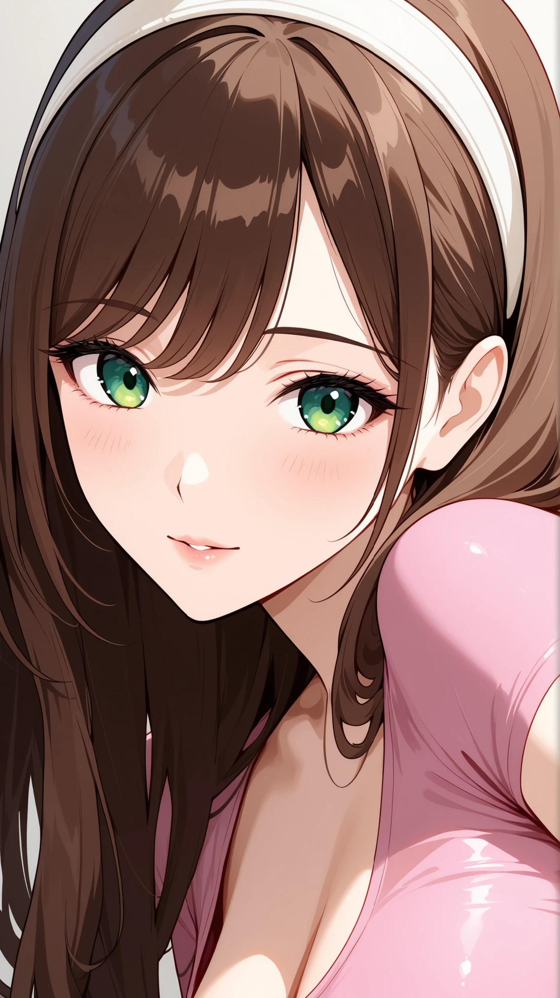A beautiful adult woman with long brown haired with full-spiky bangs, beautiful green eyes, medium chest, wear white hairband, wear a tight pink shirt with scoop neck and short-sleeved, portrait, front-face view