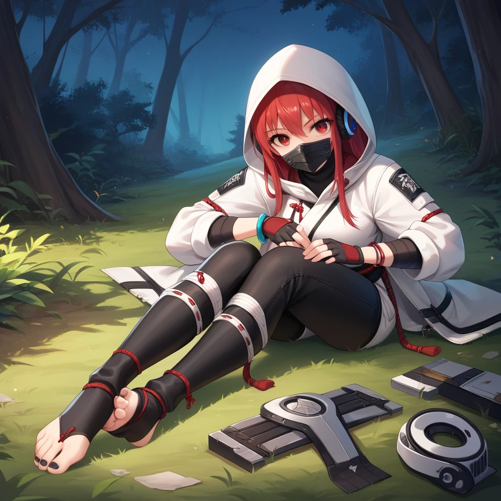 1girl, long gray hair, military gear, tactical vest, black clothes, oxygen mask, black gloves, glowing purple eyes, mechanized, hiding, nighttime, darkness, forest, trees, crouching