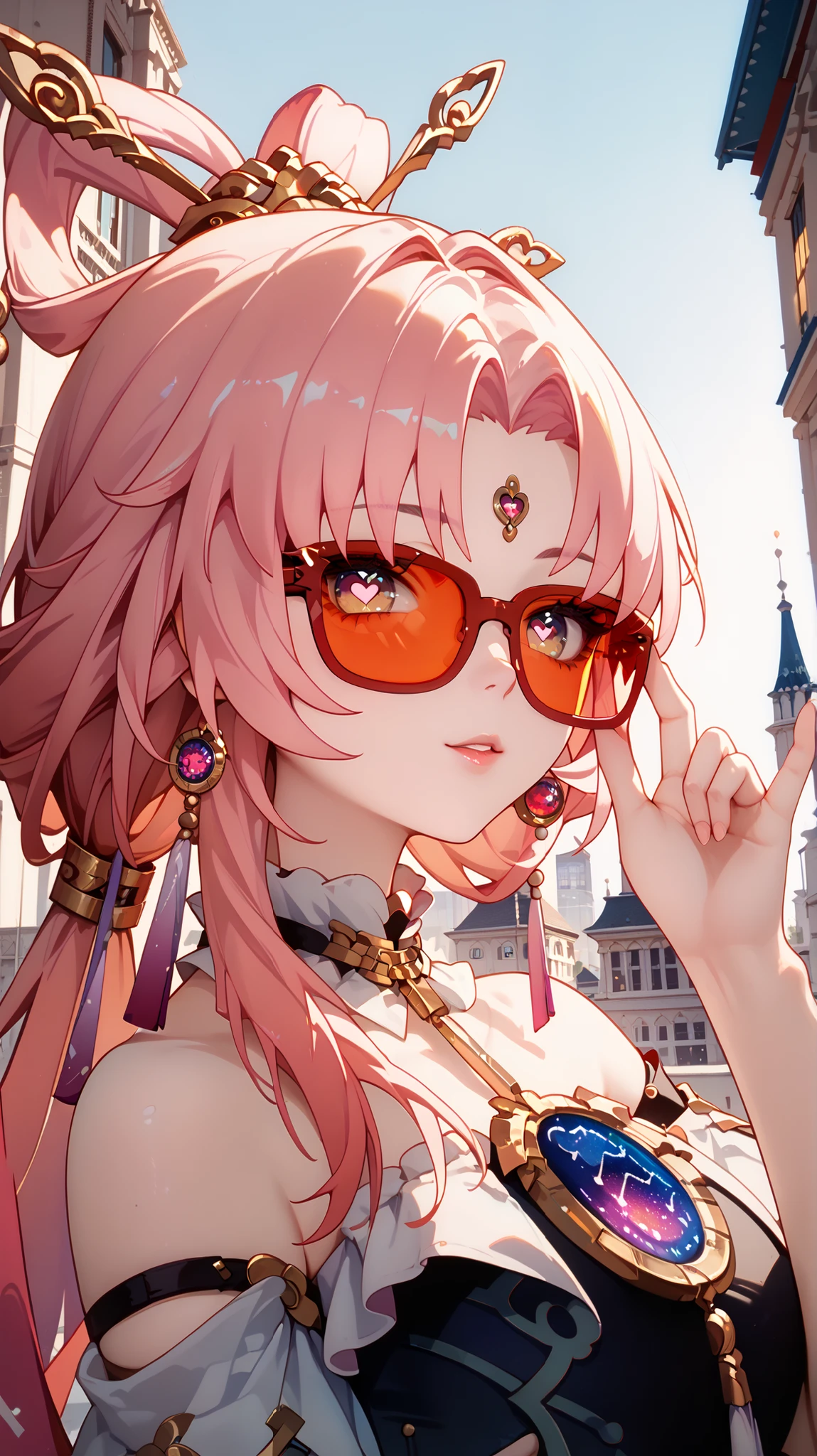 1girl, solo, Fu Xuan from HSR, :o, city background, adjusting eyewear, heart-shaped pupils, jewelry, red eyewear, tinted eyewear, upper body, masterpiece, best quality, amazing quality, very aesthetic, absurdres ,optimal quality,ultra detail,high quality