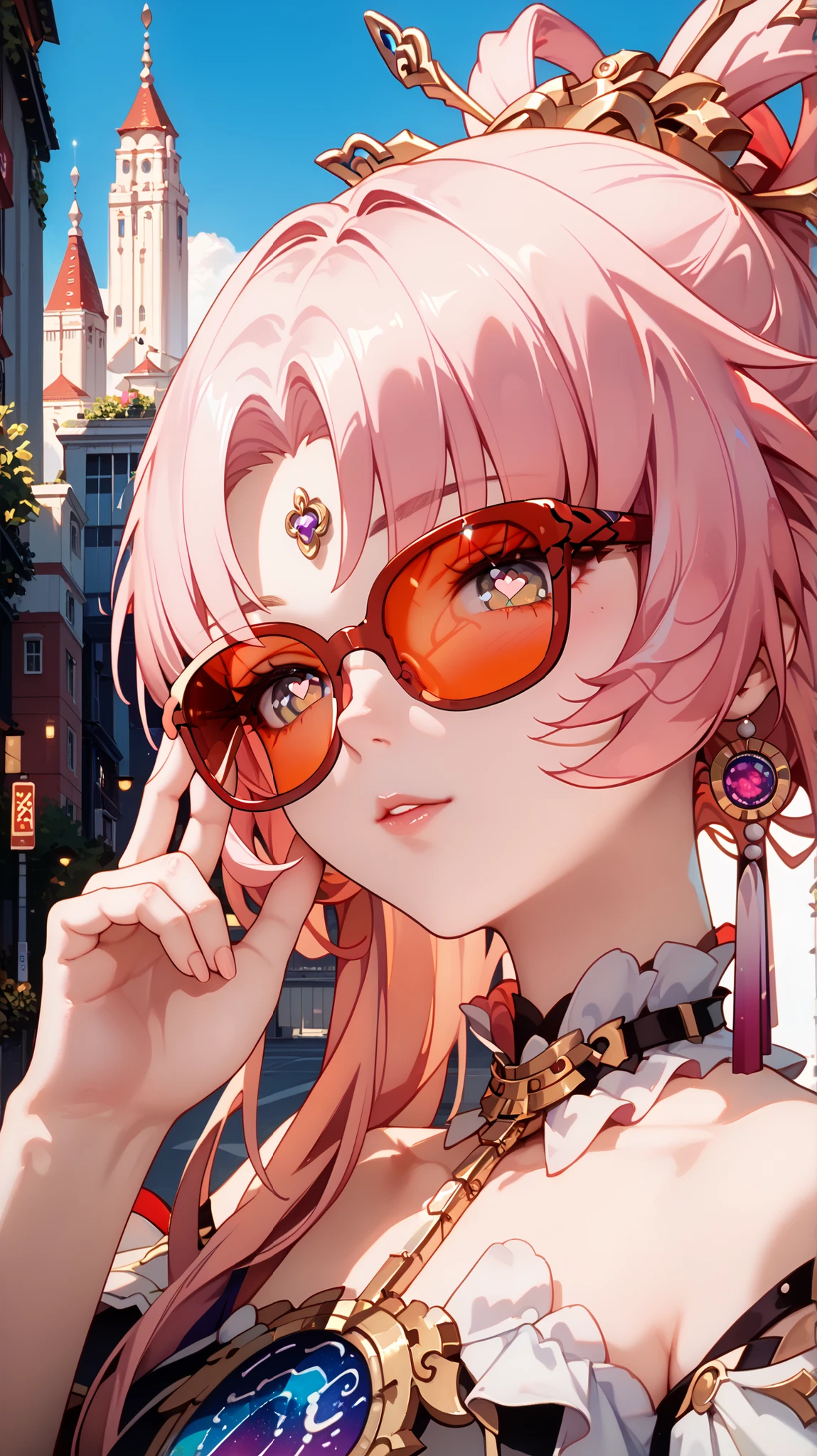 1girl, solo, Fu Xuan from HSR, :o, city background, adjusting eyewear, heart-shaped pupils, jewelry, red eyewear, tinted eyewear, upper body, masterpiece, best quality, amazing quality, very aesthetic, absurdres ,optimal quality,ultra detail,high quality