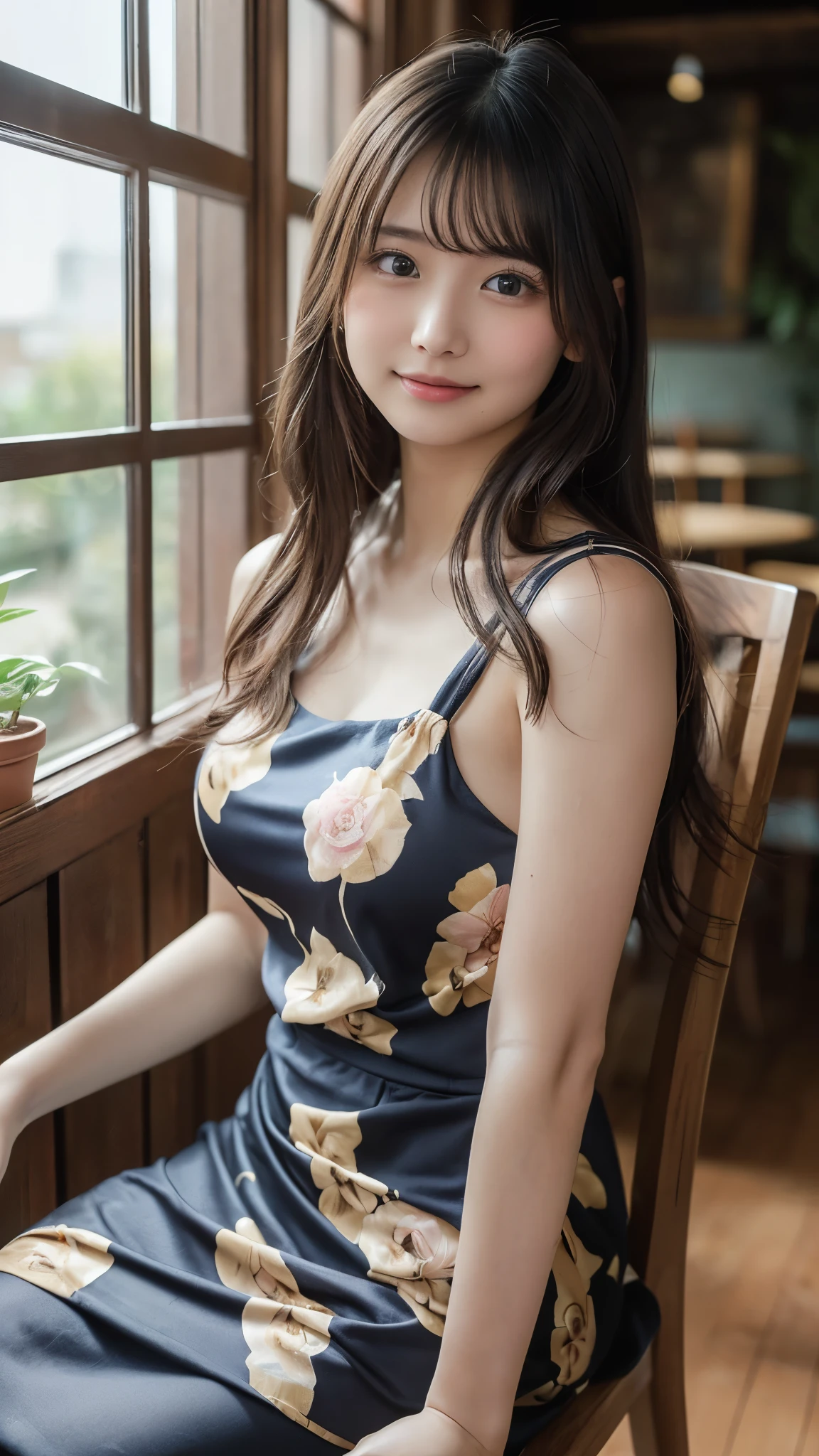 (best quality, realistic, photo-realistic:1.3, masterpiece:1.3, CG, unity, 8k, amazing, finely detail, ultra-detailed, Fine Details and Realistic Textures, ultra-detailed, highly detailed CG illustration, an extremely delicate and beautiful), break, (cute delicate face), (1girl), solo, face focus, Beautiful Woman, 20 years old, (small breasts), ponytail, Dark Brown Hair, Detailed Lips, Dark brown eyes, Detailed Eyes, Thin eyebrows, (Symmetrical dark brown eyes:1.3), glossy lips, makeup, break, (cover of a magazine:1.3, fashion), break, (wearing a floral pattern frilled one-peace dress), (cute pose:1.3), happy smile:1.2, full body shot:1.3