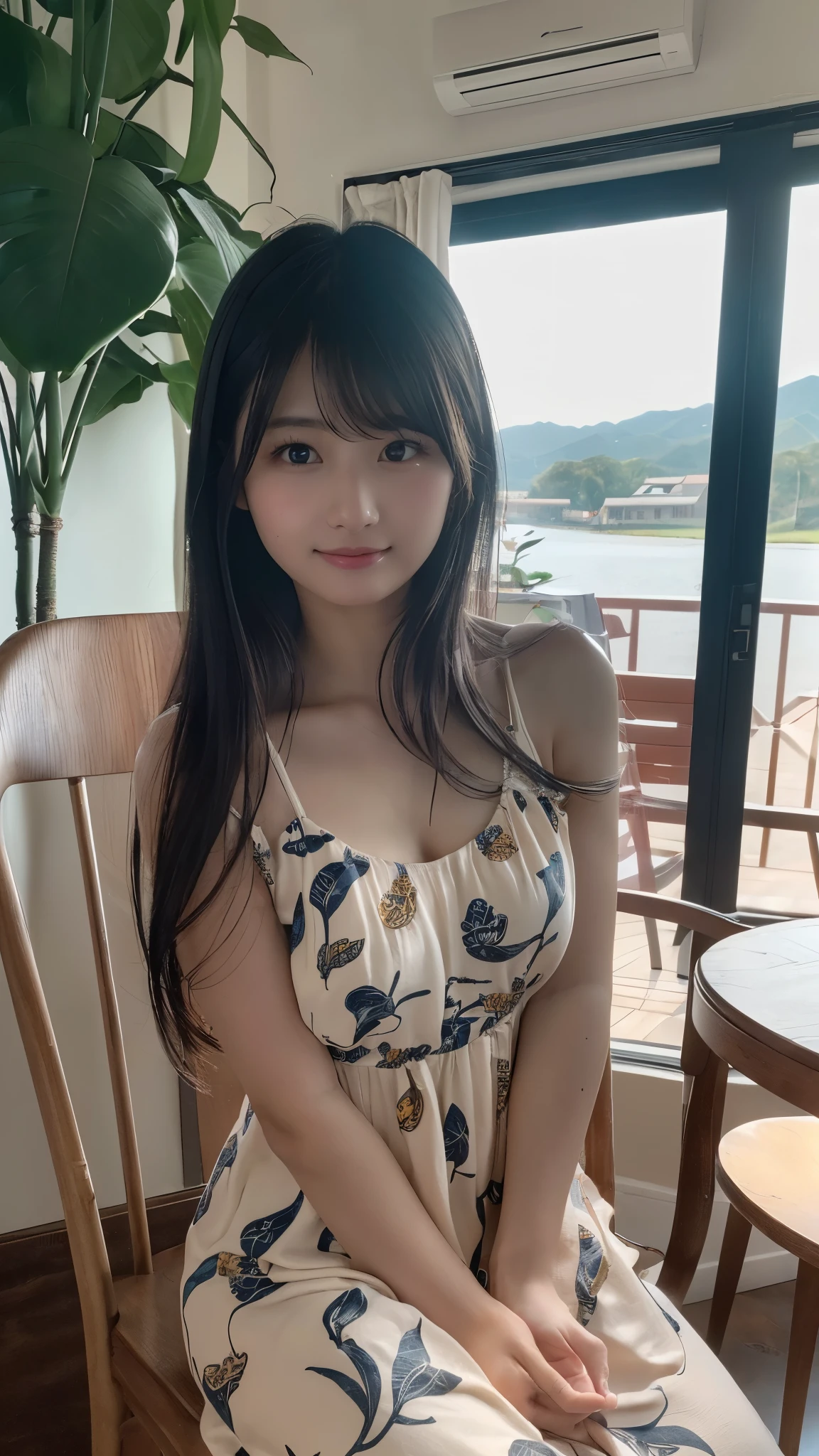 A beautiful smiling Japanese woman with cleavage showing off her new home on a sunny day in front of it