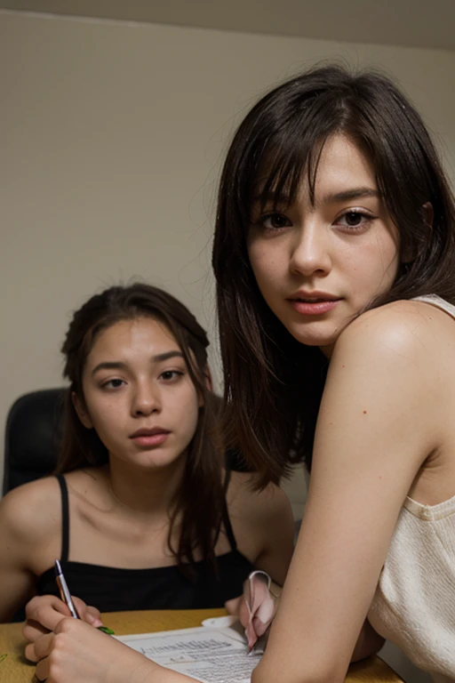 Generate a beautiful girl who is sitting in a university class and looking out the window, with other students around her disney stile