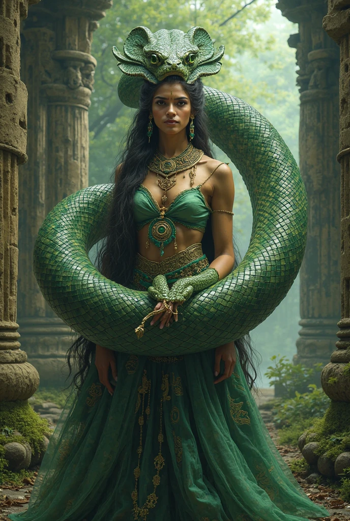 (full body) a female walking by lying down with four hands, wearing green saree, glowing red eyes, cruel facial expression, snake-like hair, dark aura, ominous atmosphere, demonic presence, gothic horror, blood, best quality, 8k, highres, masterpiece, ultra-detailed, realistic, photo-realistic, HDR, UHD, extreme detail description, vivid colors, dark atmosphere