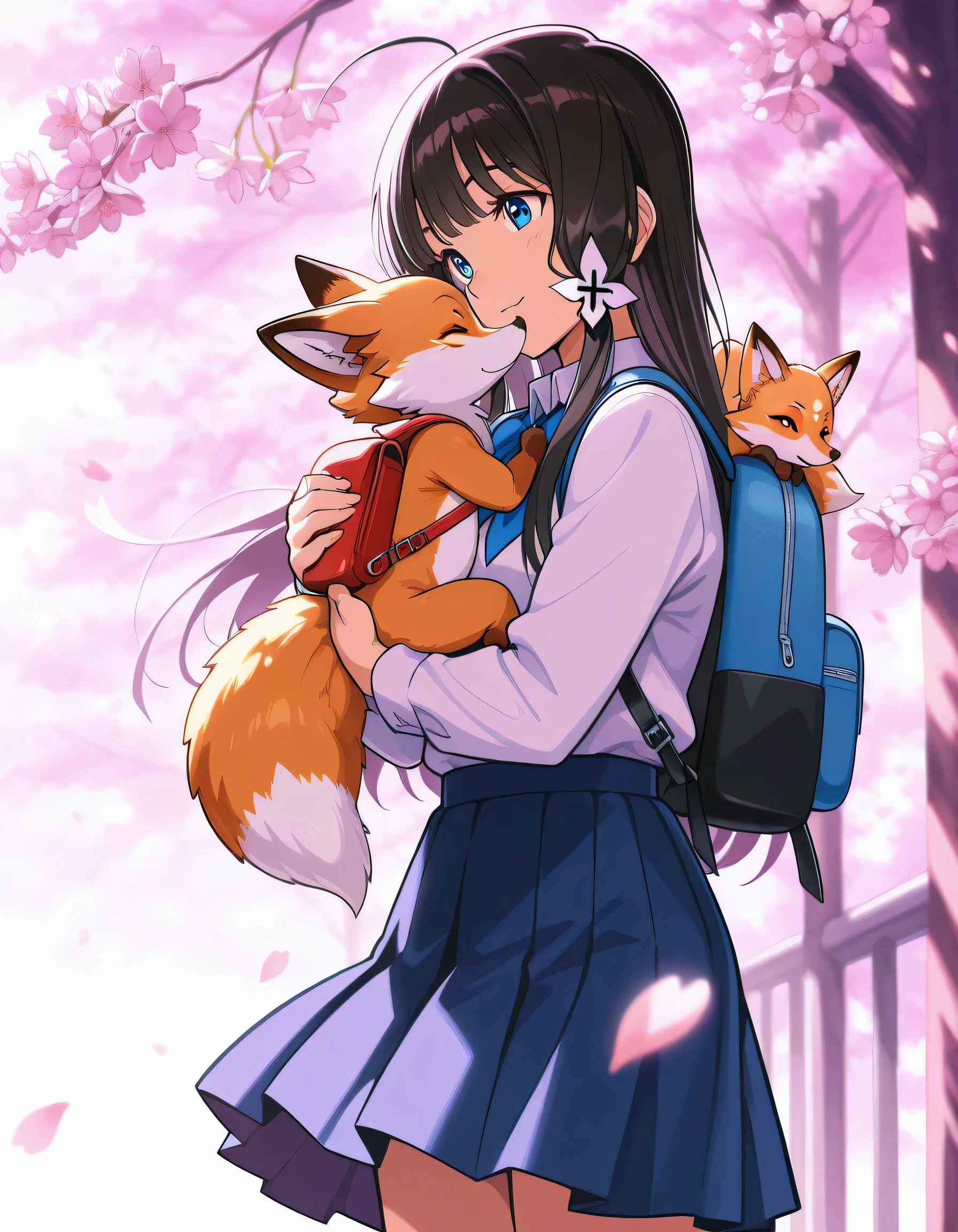 Illustrious, girl, high school uniform, manga cover, Cherry blossom,(Baby fox),(Carrying a baby fox in his backpack:1.5), masterpiece, Joy full, spring Kyoto background, anime style, Makoto shinkai art style, movie ambience,
