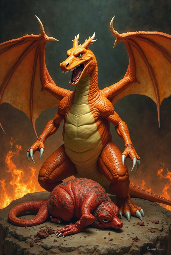A fire dragon with a face that combines a bird and a dragon, and a large hawk-winged dragon、The tail is a bird&#39;s tail、A dragon that glows with a phoenix-like spirit.