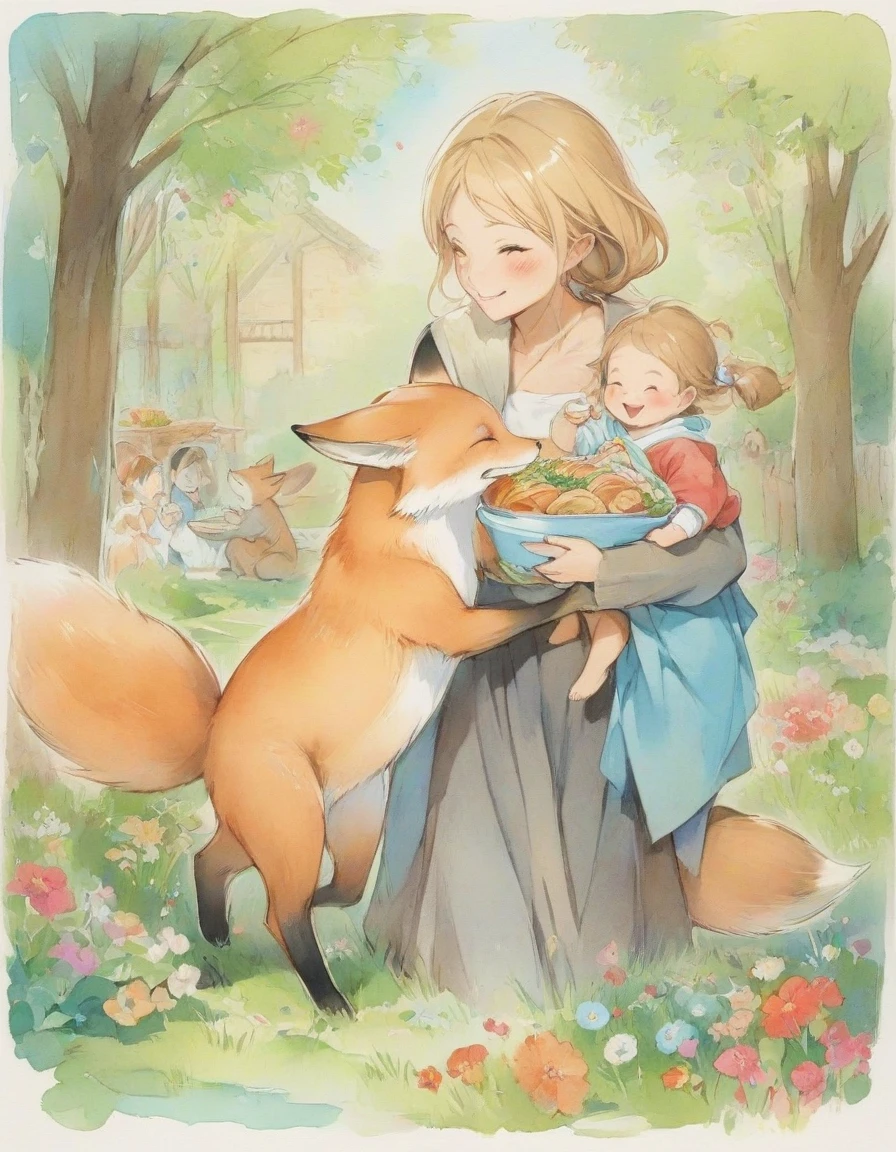 Picture book touch　A garden where a fox  and a human man are eating together　A man's mother is carrying a meal with a smile