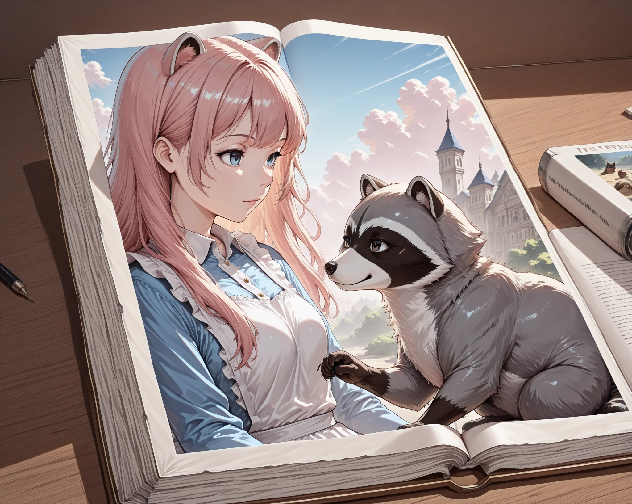 Break,(out-frame of a picture book:1.2),break,(watercolor, pastel, hand-drawn dream world, watercolor smudges, thick outlines),(1girl and 1animal,1girl is female solder  ,1animal is the raccoon ) ,adventure in wonderland,wrnchexpwhimsicalvisions, silhouette, double exposure,