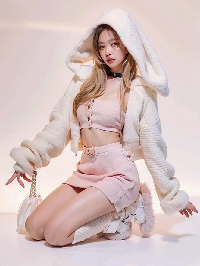 bunbun, skirt, jacket, midriff, hood, rabbit ears, leg warmers, best quality, masterpiece, illustration, realistic, photo-realistic, amazing, finely detail, incredibly absurdres, huge filesize, ultra-detailed, highres, extremely detailed CG unity 8k wallpaper, (nsfw), A cute Korean woman with a cute face and hairstyle is wearing a pink crop top with a fuzzy white rabbit ear hoodie. The hoodie is open, revealing the pink crop top underneath. She is also wearing leg warmers. The woman is standing in a cute room with pink and blue tones. The room is decorated with many cute decorations, (full body shot), (sexy sitting pose), (bottom-up perspective)