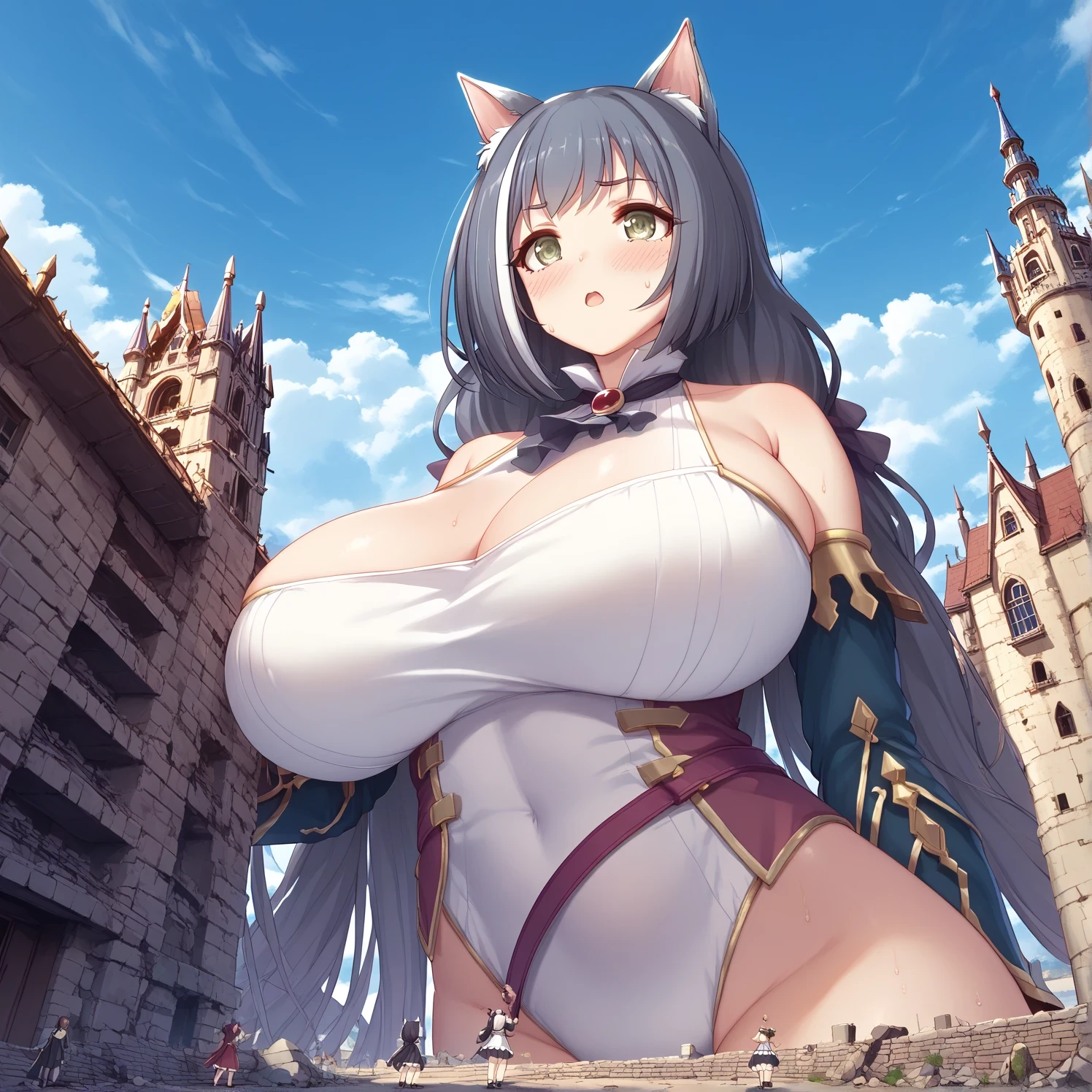 come out、(((Wearing a white swimsuit )))、(best quality, masterpiece, Ultra High Definition, nothing), Beautiful 8K CG art , ((stand up))、2girls,Maubica , giant, little woman,KARIL - (((( PRINCESS CONNECT!: Dive - Cal )))),ANIMAZINE XL Cat ears、 (((((super huge breasts)))))、 is embarrassing、 Medieval European town 、Rubble Ruins、Sweat it out、((((Destroy the castle watchtower))))、
miniature city、(( looking up from below ))