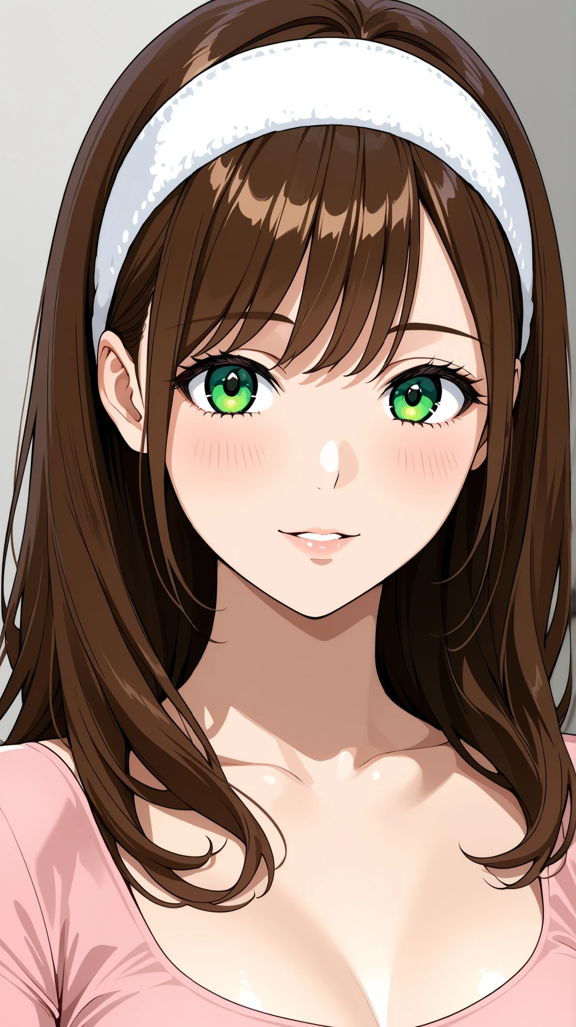 A beautiful adult woman with long brown haired with full-spiky bangs, beautiful green eyes, medium chest, wear white hairband, wear a tight pink shirt with scoop neck and short-sleeved, portrait, front-face view