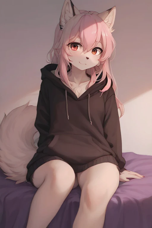 FULL BODY. effeminate teenage fox boy furry, FEMBOY, pale rosy fur, pink fox tail and fox ears, SKINNY, PINK EYES, foxy slanted eyes, big eyes, LONG hair, white hair with pink locks, messy hair, floating hair, thin cute face, PINK EYES, EXHAUSTED, TIRED, EYEBAGS, dark circles under the eyes, RED astronomy pattern of RED MARKS on his skin, wearing an oversized black sweater, and white striped high-thigh socks, neon lights bedroom background, dynamic poses, standing up with a smile, peace sign hand