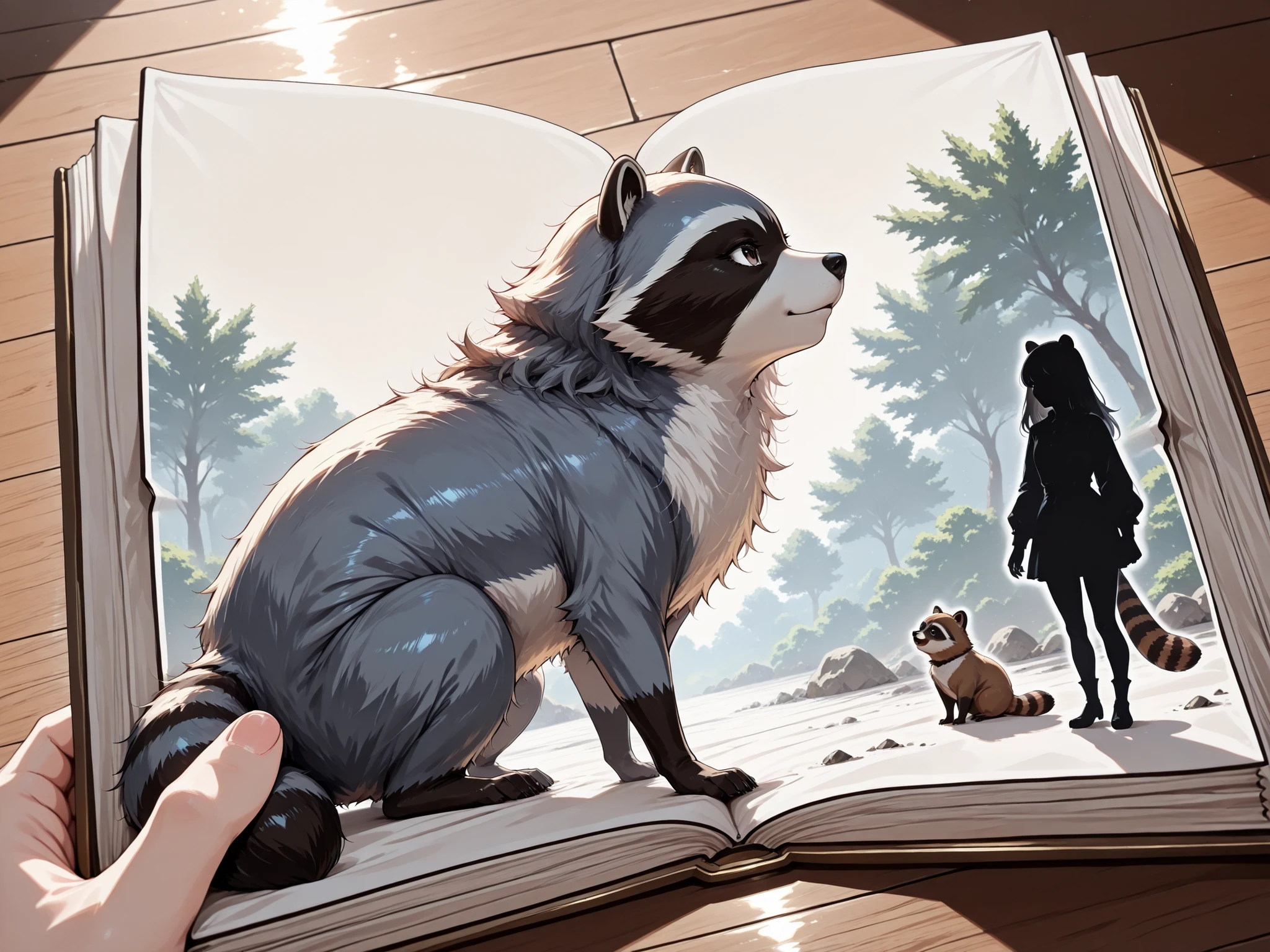 (frame of a picture book:1.2),(watercolor, pastel, hand-drawn dream world, watercolor smudges, thick outlines),(1girl and 1animal,1girl is female solder ,1animal is the raccoon ) ,adventure in wonderland,wrnchexpwhimsicalvisions, silhouette, double exposure,