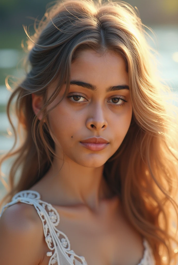 A photorealistic portrait of a 25-year-old latin American girl with big lips seductive face and long, flowing blonde hair and striking blue eyes. She should have a natural, approachable expression and be illuminated by soft, golden-hour sunlight. The background should be a scenic outdoor setting, perhaps a sunlit park or beach. Capture this image with a high-resolution photograph using an 85mm lens for a flattering perspective