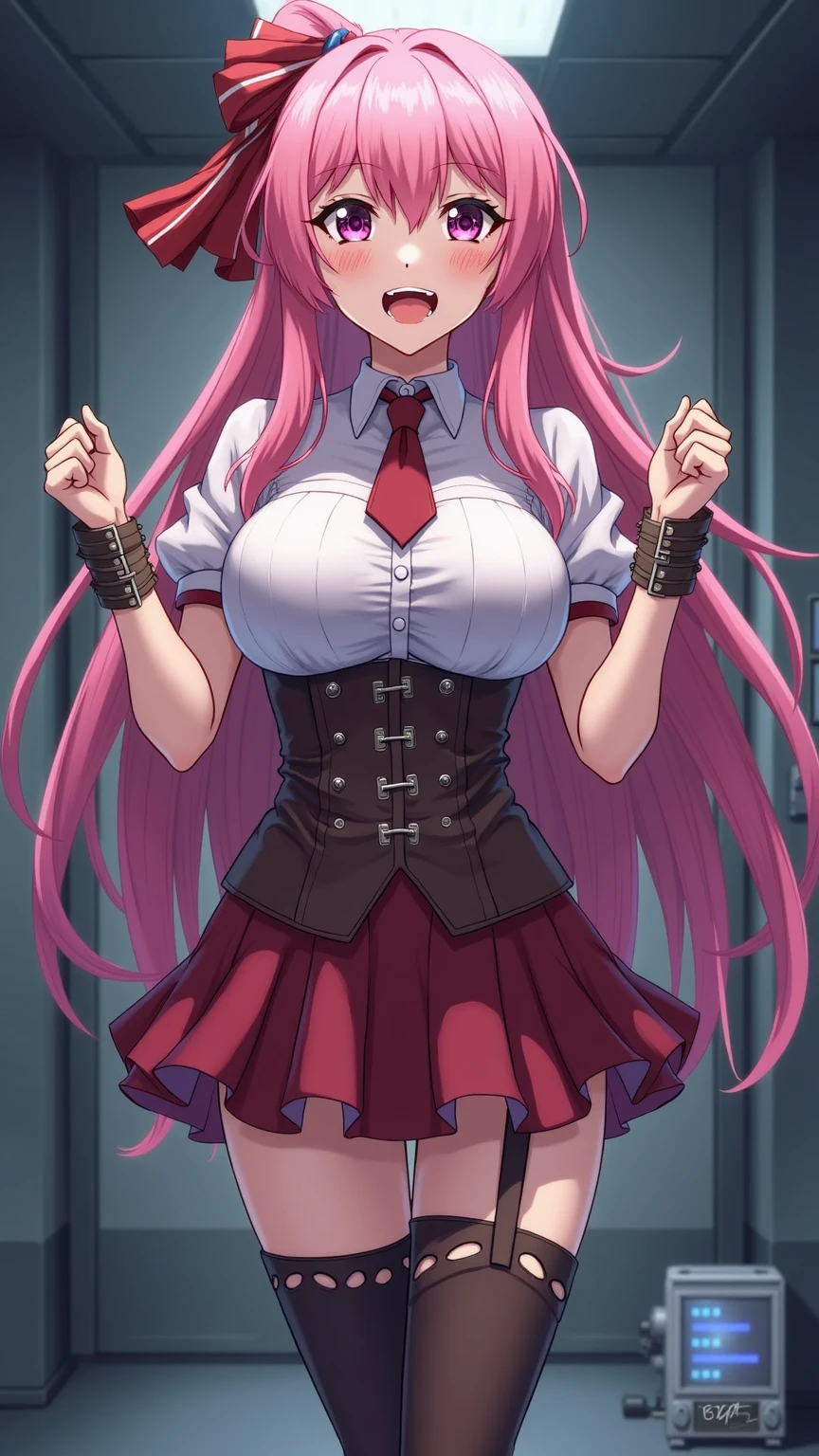 junkoenoshima,<lora:junkoenoshima-lora-nochekaiser:1>,junko enoshima,bear hair ornament,blue eyes,long hair,pink hair,twintails,evil smile,(grin:0.6),open mouth,bow,bra,choker,cleavage,fingernails,lace trim,lace-trimmed bra,long fingernails,loose necktie,nail polish,necktie,plaid,plaid skirt,pleated skirt,skirt,underwear,indoors,classroom,looking at viewer,(cowboy shot:1.5),(masterpiece:1.2),best quality,high resolution,unity 8k wallpaper,(illustration:0.8),(beautiful detailed eyes:1.6),extremely detailed face,perfect lighting,extremely detailed CG,(perfect hands, perfect anatomy),(covered nipples:0.7),black lace panties,