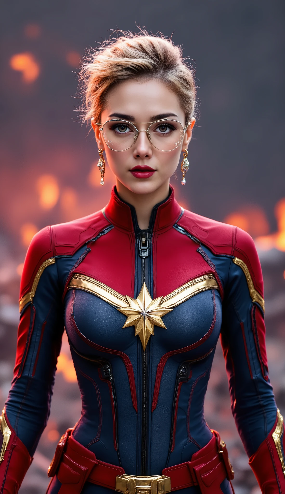 Captain marvel pixie short hair stylish epic pose on scene, earings and gold frame of glasses, hyper HD, Masterpiece, Textured skin, 4K, Best quality, happy vibes beauty smile