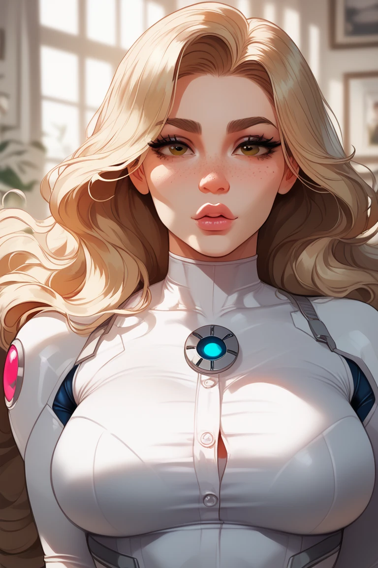 (best quality,8k:1.2,high resolution:1.2),ultra-detalhado,Realistic,retro science female,static pose,long hair,rosto extremamente detalhados,long eyelashes,white porcelain catsuit,Apertado,light beige gloves,light beige Glossy metalic accessories,Physically-based rendering,foco nítido,studio lighting