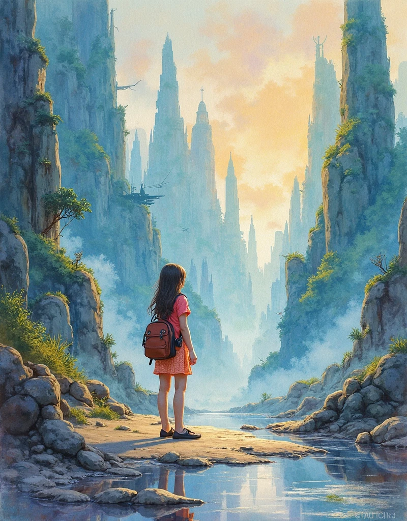 The image is anime style cowboy bebop and Darker than black with shadows and dim lights, anime style although somewhat adult and dark, It shows a rural road, where an old and destroyed building is located between the mountains, the view of the image is aerial. in the middle of a valley, where you can see mountains and a river below, on a vacant lot, very far, You can see a young man wearing a light blue jacket and an albino woman wearing a black sweater and minishorts.. both, They are standing at the other end of the road, in a mountain, There is a red-haired demon girl standing there with her hair in a large braid., He has a tattooed body and a single horn.