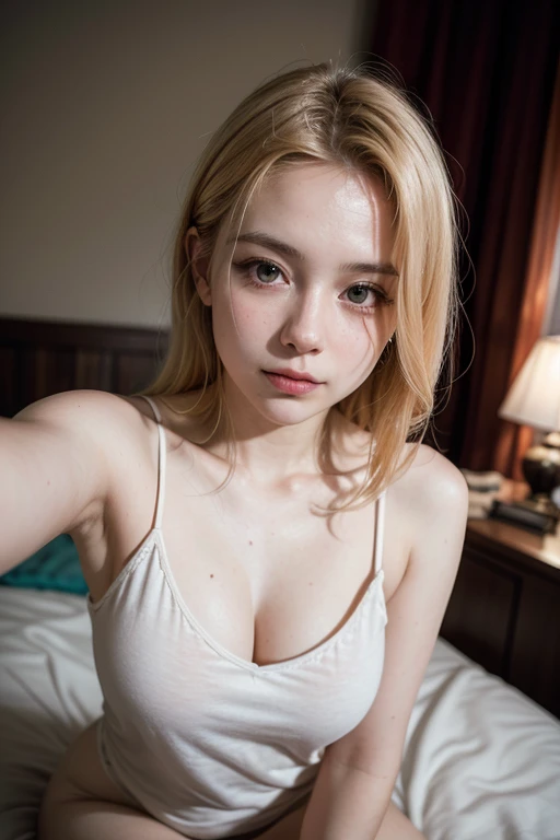 cute girl, blonde hair, cleavage, lingerie model, detailed face, detailed eye, bedroom