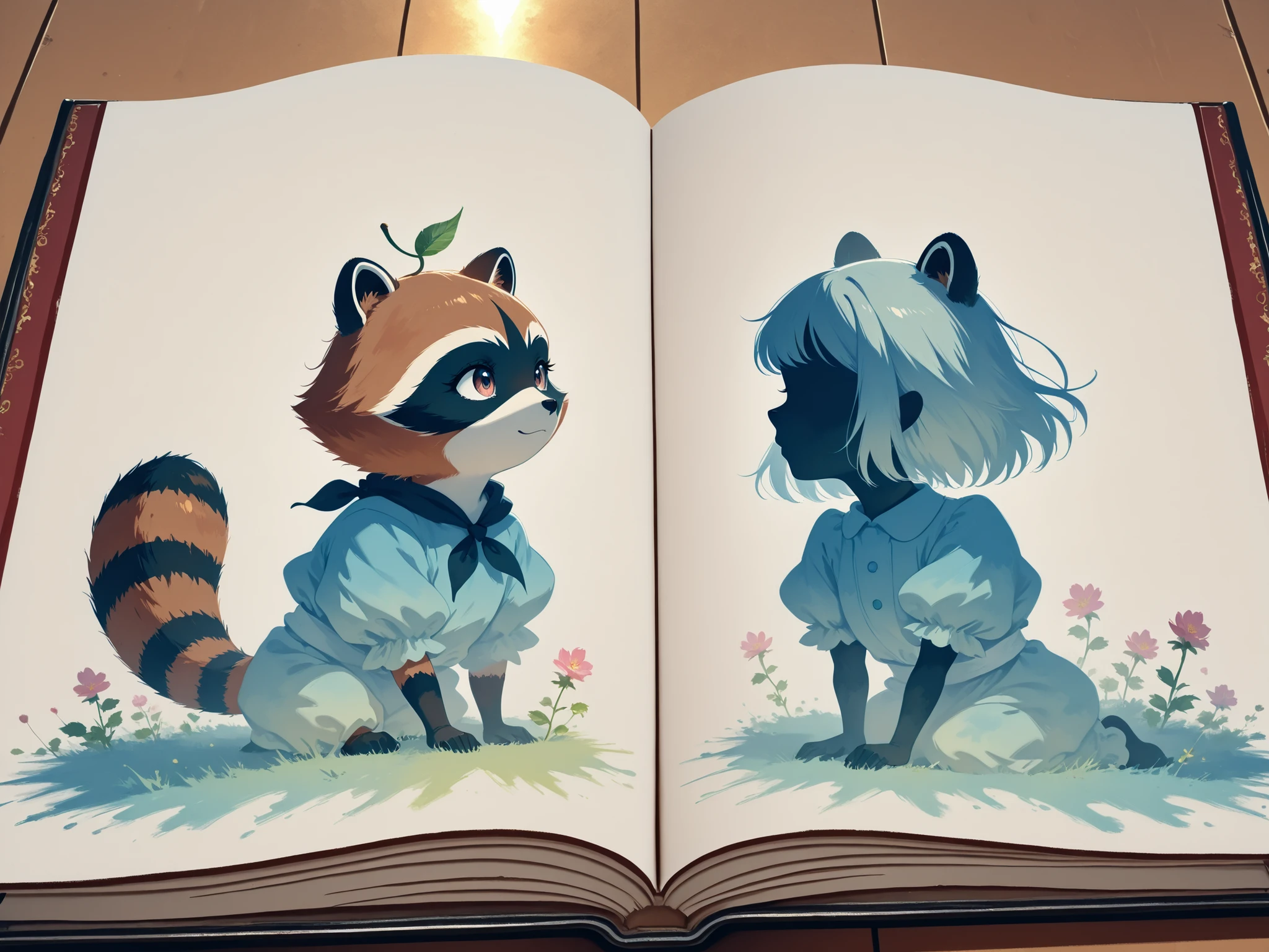 (frame of a picture book :1.2),(watercolor, pastel, hand-drawn dream world, watercolor smudges, thick outlines),(1animal is the raccoon )cherry blossom ,the raccoon’s adventure in wonderland,wrnchexpwhimsicalvisions, silhouette,