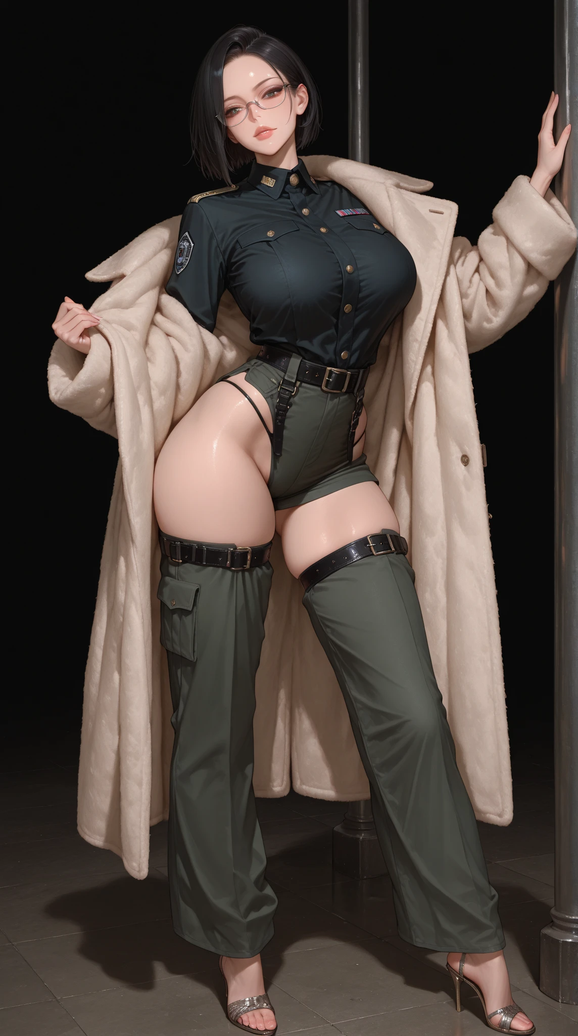 A beautiful Caucasian woman with red porcelain skin big green eyes dressed as a policeman, liguero y medias, pose sensual, blusa desabotonada, escote pronunciado, Cintura diminuta, senos grandes hermosos, nalgas grandes maravillosas, muslos y pantorrillas gruesas, ambiente de oficina, Pro Lighting, cielo azul, Rayos de sol, Brillo total, pecas en el rostro, pezones enormes erectos hermosos, super sexualizado, erotismo, provocativa, sonrisa pervertida, hiper sensual, tanga diminuta, sin sujetador, colores saturados, cuerpo hermoso perfectamente esculpido, manos perfectas, pose hyper inocente
