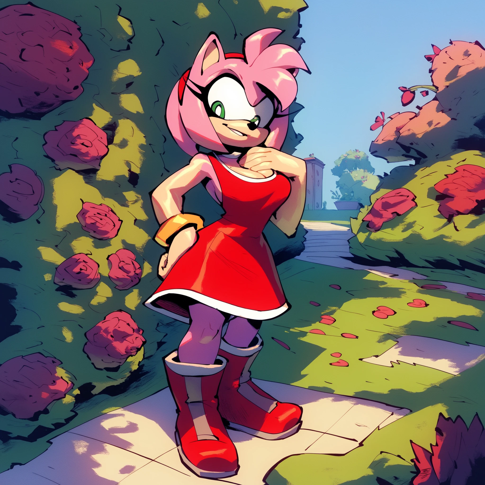 [Amy Rose], [Uploaded to e621.net; (Pixelsketcher), (wamudraws)], ((masterpiece)), ((HD)), ((High res)), ((furry)), ((solo portrait)), ((front view)), ((full body)), ((feet visible)), ((detailed fur)), ((detailed shading)), ((cel shading)), ((beautiful render art)), ((intricate details)), {anthro, pink fur, black nose, animal ears, (cute green eyes), (long eyelashes), (short hair), (hair bang), (curvy hips), (beautiful legs), (cute grin), (excited expression)}, {(short red dress), (white gloves), (red knee-high boots with white stripes)}, {(walking), (crossed legs), (looking at viewer)}, [background; (park), (grass), (trees), (blue sky), (sun rays), (clouds in sky), (ambient lighting)]