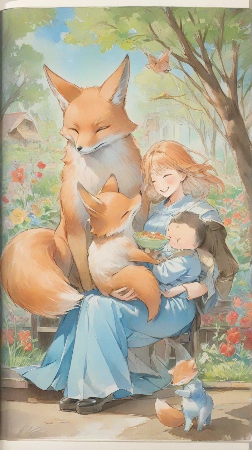 Picture book touch　A garden where a fox  and a human man are eating together　A man's mother is carrying a meal with a smile