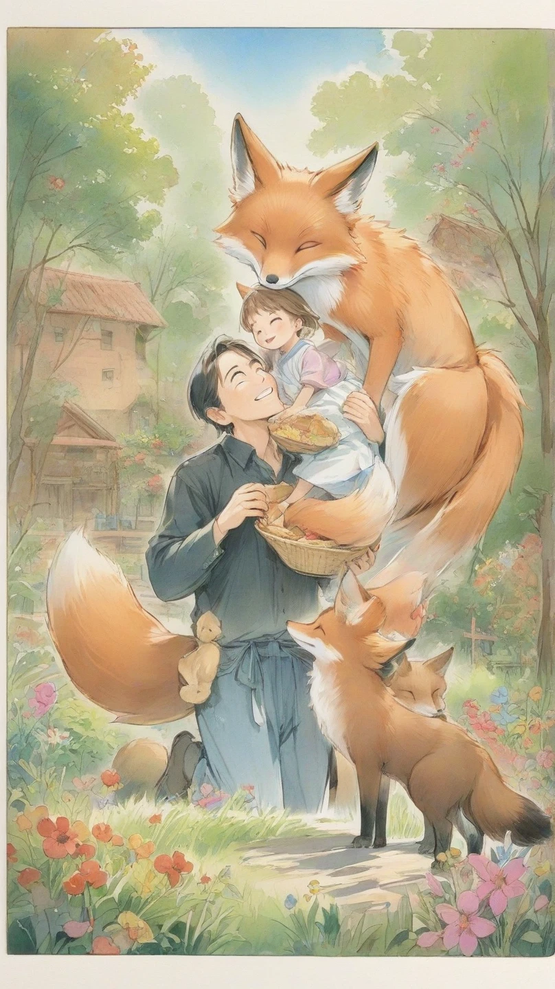 Picture book touch　A garden where a fox  and a human man are eating together　A man's mother is carrying a meal with a smile